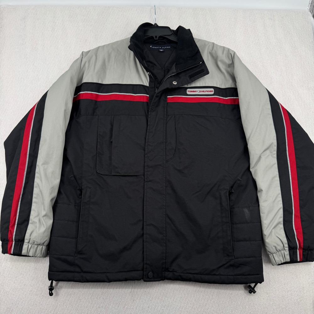 Tommy Hilfiger Mens L Colorblock Heavy Ski Puffer Jacket Black Grey Red Retro